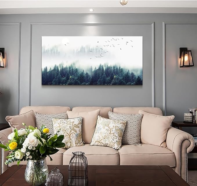 Wapluam Large Canvas Wall Art for Living Room and Bedroom - Modern Home Decor Office Decoration - Fog Forest View Painting Stretched and Framed - Ready to Hang Pictures 48 X 24