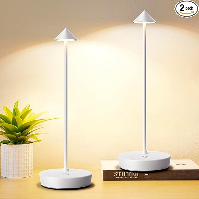 Set of 2 Rechargeable Cordless Table Lamp,6000mAh LED Battery Operated Desk Lamp Touch 3 Color Dimming Portable Outdoor Waterproof Table Light for Patio/Restaurant/Dining/Home (White)