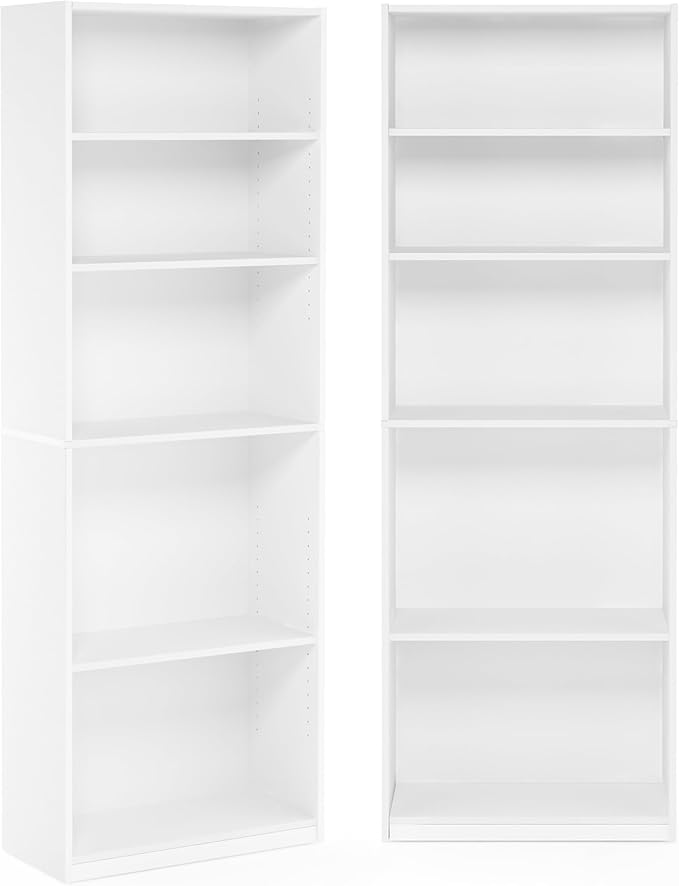 Furinno Jaya Book Shelf Set of 2, 5-Tier Bookshelf, Bookcase, with Adjustable Shelf, 9.5 x 24.5 x 71, for Home Office, Living Room, White