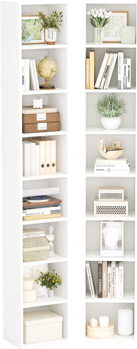 Narrow Bookshelf & Bookcase Set of 2, 8-Tier Floor Standing Open Book Shelf, Modern Corner Bookshelf with Storage Space, 71.5" Tall Bookshelves for Bedroom, Living Room and Office, White