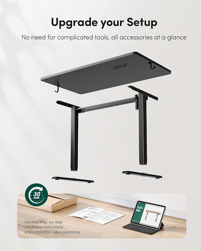 CubiCubi 48 x 24 Large One-Piece Standing Desk, Adjustable Height Electric Computer Home Office Sit Stand up Workstation, with 4 Memory Presets, Headphone Hook, Black