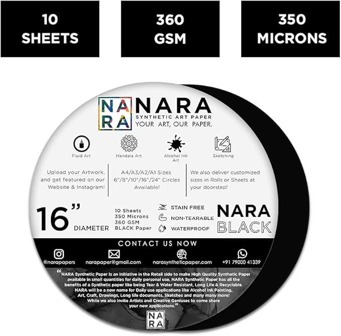 NARA Alcohol Ink Paper | Black | 16” Diameter Circle | 350 microns/360 GSM | 10 Sheets | Medium+ Paper | Paper for Alcohol Ink Art Painting | 100% Stain-Free