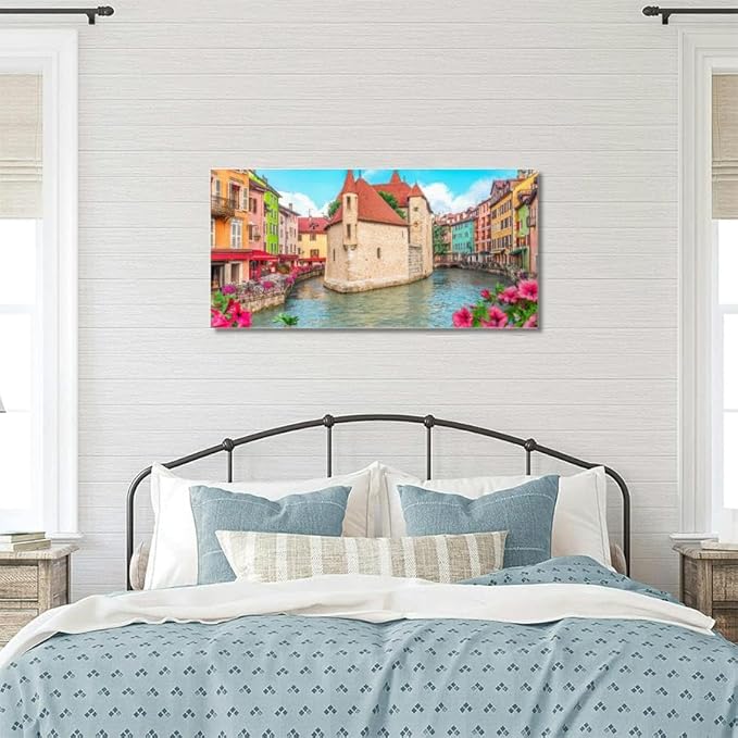 Annecy old town cityscape France Canvas Wall Art Large Framed Prints Pictures Wall Decor Posters Painting Artwork for Living Room Bedroom Kitchen Bathroom 24x47