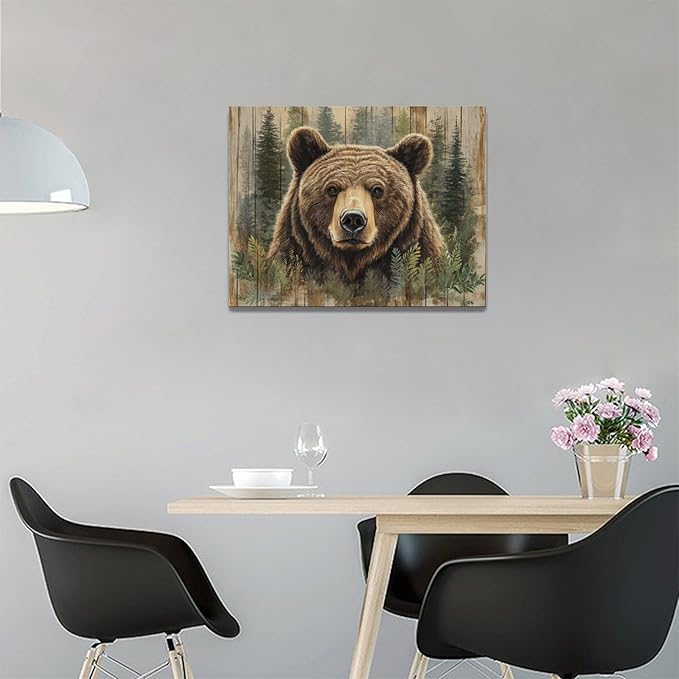 Farmhouse Bear Wall Art Rustic Forest Pictures Decor Woodland Wildlife Painting Canvas Print Modern Home Decoration Artwork for Living Room Bathroom Bedroom Office Framed 16"x12"