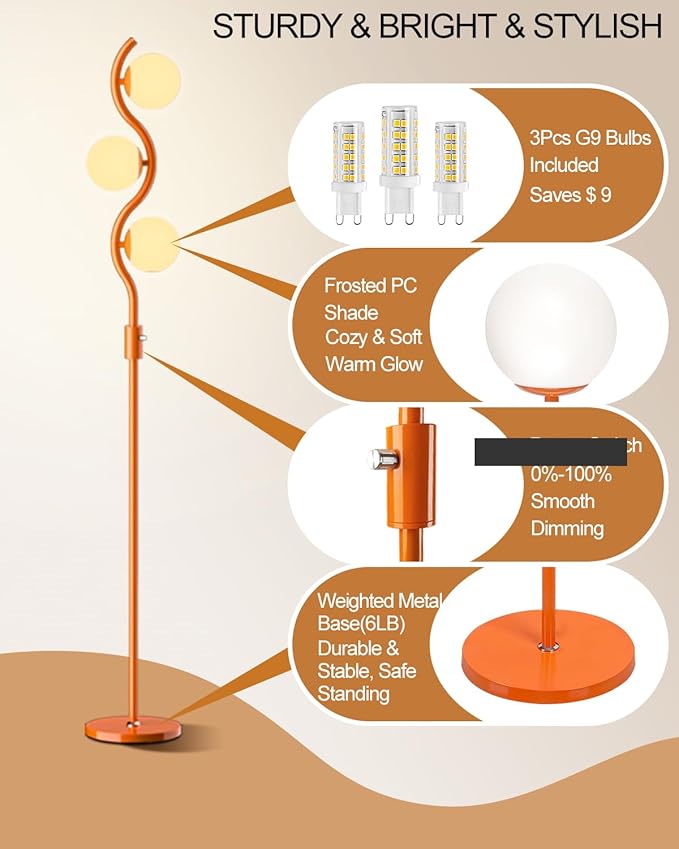 Lightdot 3-Globe Dimmable Floor Lamp Orange Mid Century Modern Standing Lamp with 3PCS 3000K Bulbs Included Stepless Brightness Adjustable Stable Base for Living Room/Bedroom/Sofa Beside/Corner Decor
