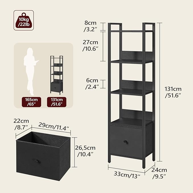 Bookshelf, 5-Tier Bookcase with Drawer, Small Book Shelf for Small Space, Storage Shelf Organizer, for Living Room, Bedroom, Study, Kitchen, Black BKHB55101