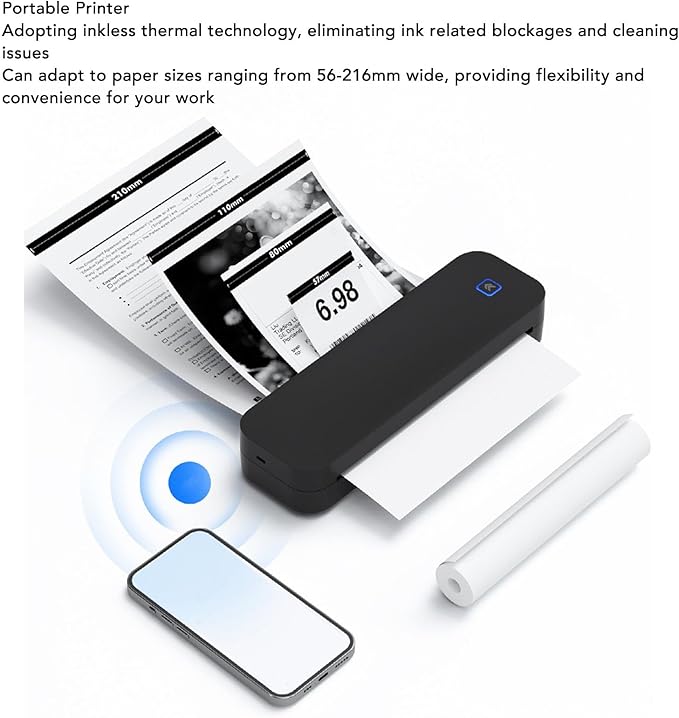 A4 Thermal Printer, USB Portable Inkless Printer with Paper Width 56-216mm, for Home School Office