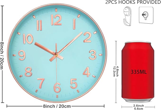 Wall Clock, 8 Inch Wall Clocks Battery Operated, Round Modern Non Ticking Silent Digital Analog Small Wall Clock for Bedroom Living Room Kitchen Office Gym Classroom Outdoor Clocks, Blue