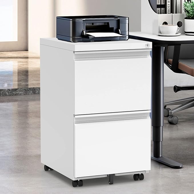 2 Drawer Mobile File Cabinet with Lock and Wheel, Anti-tilt Design Metal Vertical Filing Cabinet, Rolling Desk Filing Cabinet fits Letter/Legal Size for Home Office (White)