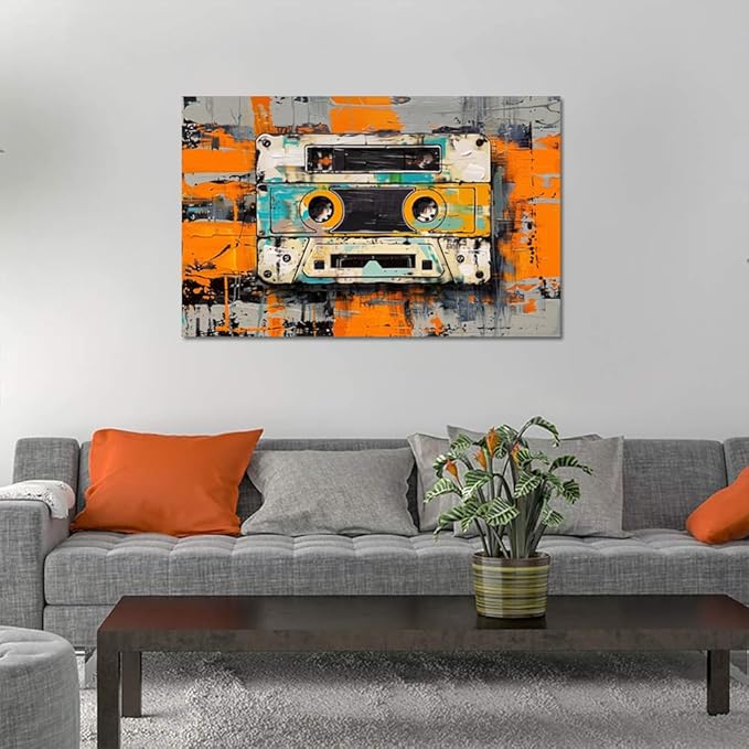 Tape Cassettes Graffiti Canvas Prints, Large Colorful Framed Canvas Paintings Wall Art for Bathroom Bedroom Office Living Room, Abstract Canvas Poster Stretched and Framed Ready to Hang 24"X36"