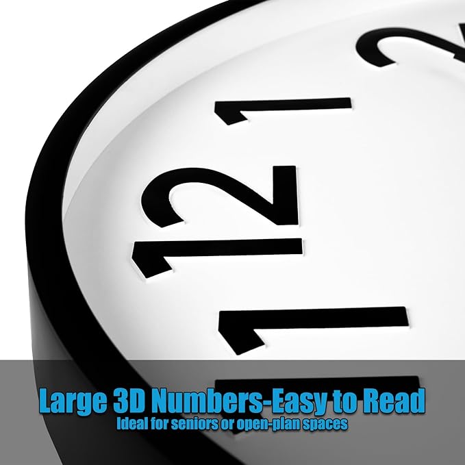 20 Inch Large Wall Clock - Big 3D Numbers Easy to Read, Battery Operated Silent Non-Ticking, Analog Quartz Round Clock