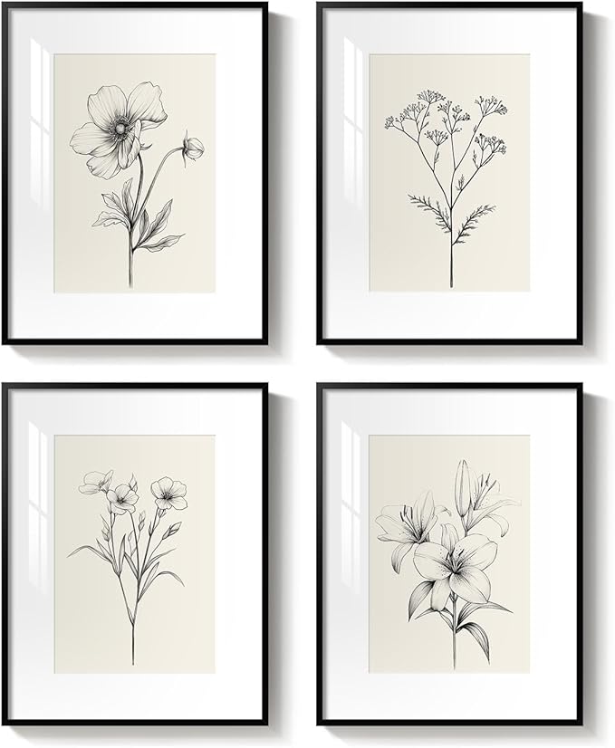 Framed Vintage Botanical Wall Art Set, 4 Piece Minimalist Black and White Floral Prints Artwork for Walls, Neutral Flower Pictures for Modern Farmhouse Bedroom Living Room Bathroom Wall Decor, 12x16