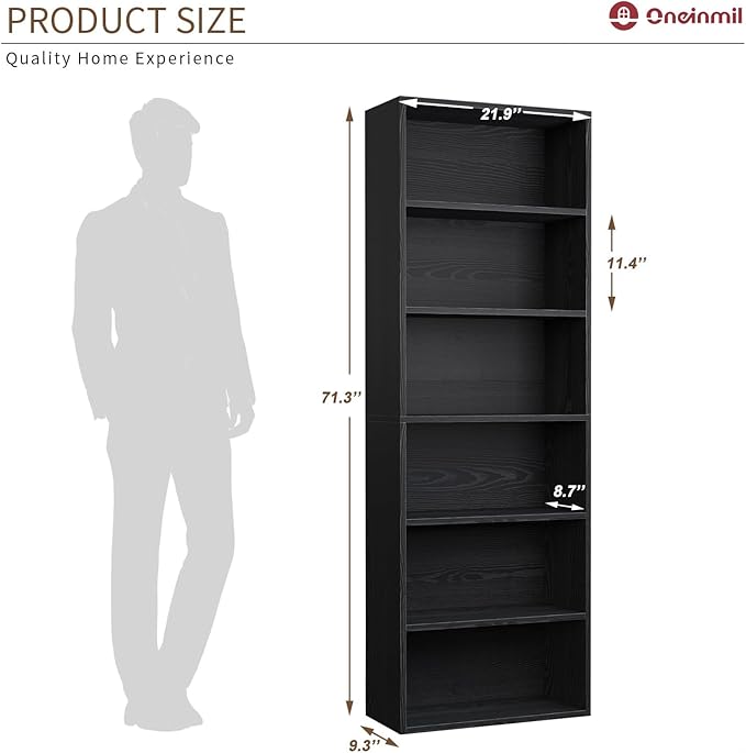 oneinmil Bookcase and Bookshelf, Floor Standing 6-Tier High Bookshelf, Display Storage Rack, Home Decorative Furniture, Suitable for Home Offices, Living Rooms, and Bedrooms,Black