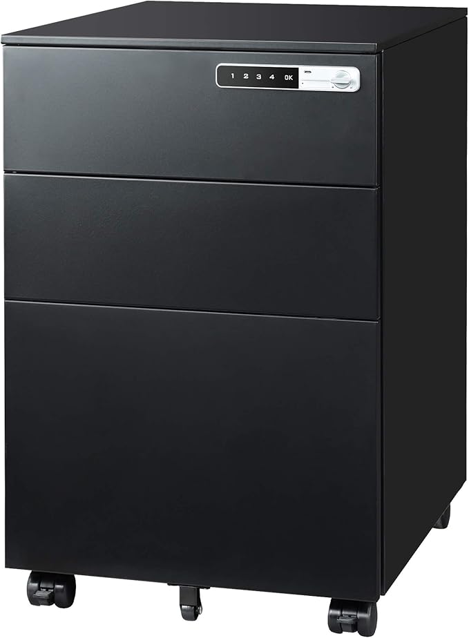 DEVAISE 3 Drawer File Cabinet with Combination Lock, Fully Assembled Metal Filling Cabinet Except Wheels, Mobile Under Desk File Cabinets for Home Office, Black