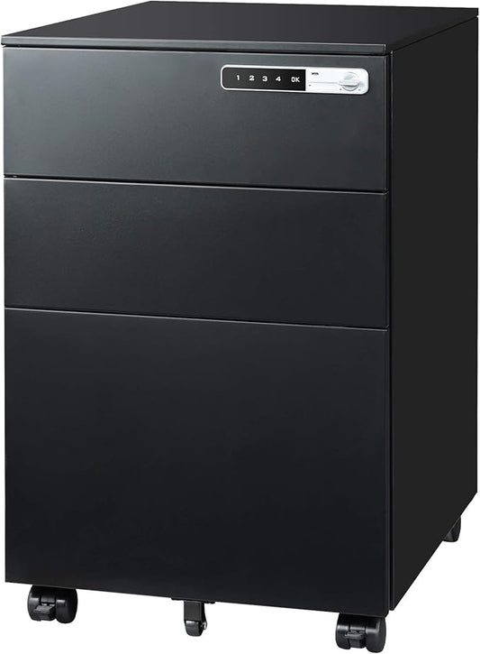 DEVAISE 3 Drawer File Cabinet with Combination Lock, Fully Assembled Metal Filling Cabinet Except Wheels, Mobile Under Desk File Cabinets for Home Office, Black