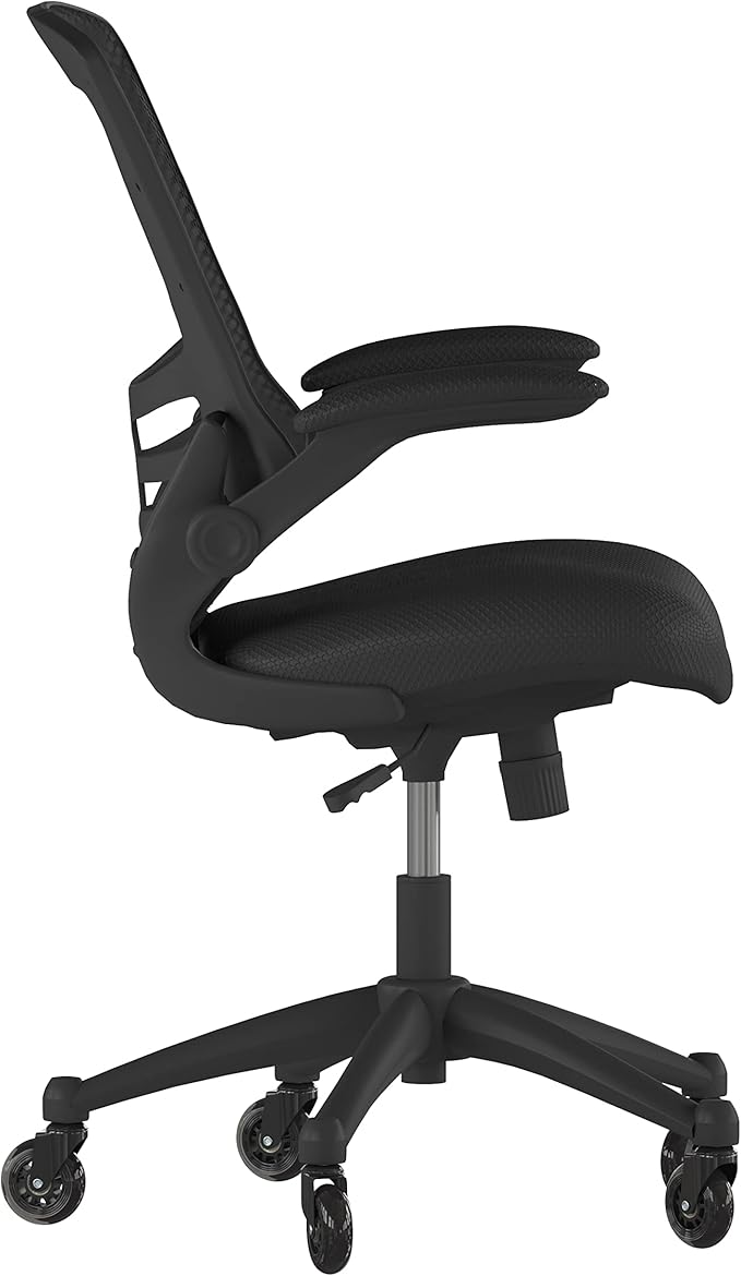 Flash Furniture Kelista Mid-Back Black Mesh Swivel Ergonomic Task Office Chair with Flip-Up Arms and Transparent Roller Wheels