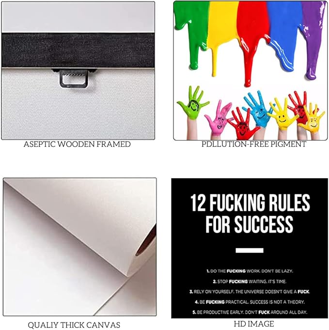 12 Fucking Rules for Success Entrepreneur Quotes Art Black and White Motivational Office Art Success Wall Art Inspirational Wall Decor Painting, Framed 24" x 36"