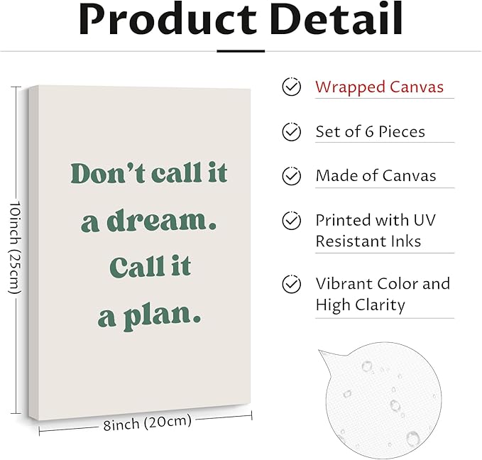 Office Wall Art Motivational Posters Inspirational Quote Canvas Wall Decor Office Positive Pictures Inspirational Classroom Art Motivational Work Prints for Gym Home 8x10 Inch Wrapped Canvas Set of 6