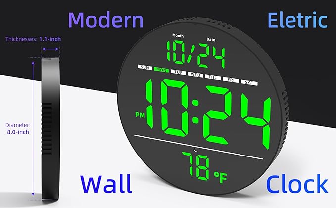 Digital Wall Clock with Large LED Display, Date, Temperature, Auto-Brightness | Small [PLUG-IN] Clock | Modern Electric Wall Clock for Bedroom, Classroom, Living Room, Home, Office, Farmhouse – Green
