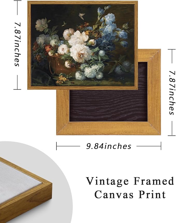 ARPEOTCY Vintage Framed Canvas Wall Art, Bathroom Hydrangea Peonies Floral Pictures Retro Wall Prints Decor, Bedroom Living Room Flower Paintings Farmhouse Moody Decor, 8x10 Inch