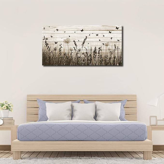 Wildflower Wall Art Autumn Canvas Picture Butterfly Grass Dandelion Artwork Vintage Wooden Board Painting Prints for Bedroom Living Room Office Home Kitchen Wall Decor Framed Ready to Hang 29" x 58"