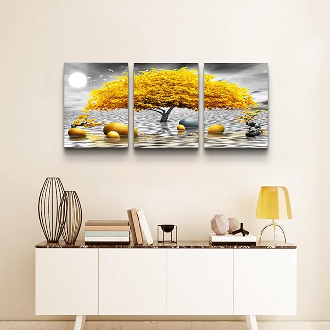 Wall decorations for living room Canvas Wall Art for bedroom Abstract wall decor Black and white Canvas Art Yellow tree paintings bathroom Home Decoration 3 Piece Hang Pictures Office Wall Artworks