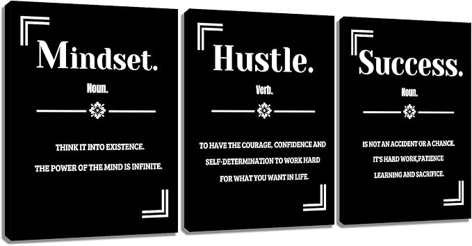 Inspirational Canvas Wall Art 3 Pieces Mindset Hustle Success Home Decor Motivational Quotes Artwork Positive Picture Painting for Bedroom Bathroom Gym Office Stretched and Framed [36''W x 16''H]