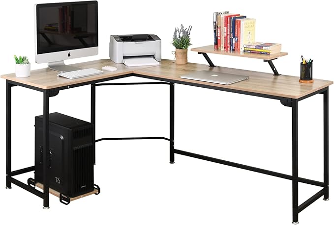 L-Shaped Computer Study Corner Desk with Monitor Stand Shelf CPU Stand, PC Laptop Gaming Desk 66” Workstation for Home Office Writing Table, Wood & Metal, Space-Saving