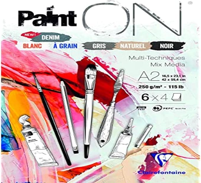 Clairefontaine - Ref 975412C - Paint'ON Multi-Technique Assorted Colour Paper Pad (24 Sheets) - A2 Size, 250gsm Heavyweight Paper, Slight Rough Grain, Acid Free, pH Neutral