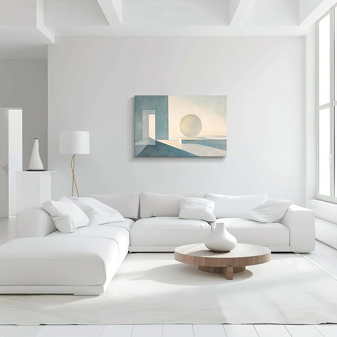 gaosoul Modern Canvas Wall Art Blue White Tranquility Geometric Abstract Oil Painting Minimalism Artwork Prints for Living Room Bedroom Office Decor Framed 36x24in