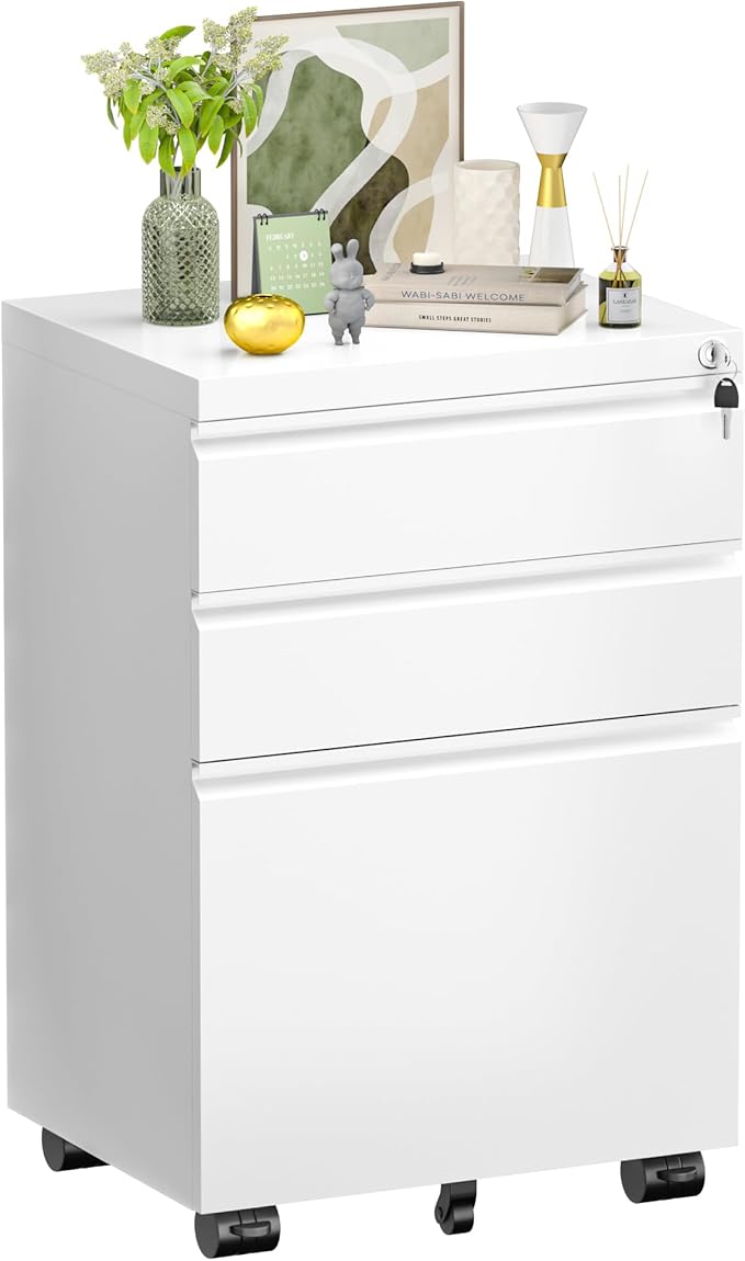 Oakcloud 3 Drawer Moveable File Cabinet for Home Office, Mobile Filing With Wheels, Roller Metal Vertical Storage for A4/F4/Letter/Legal Size, Easy Assemble (Mobile-White)