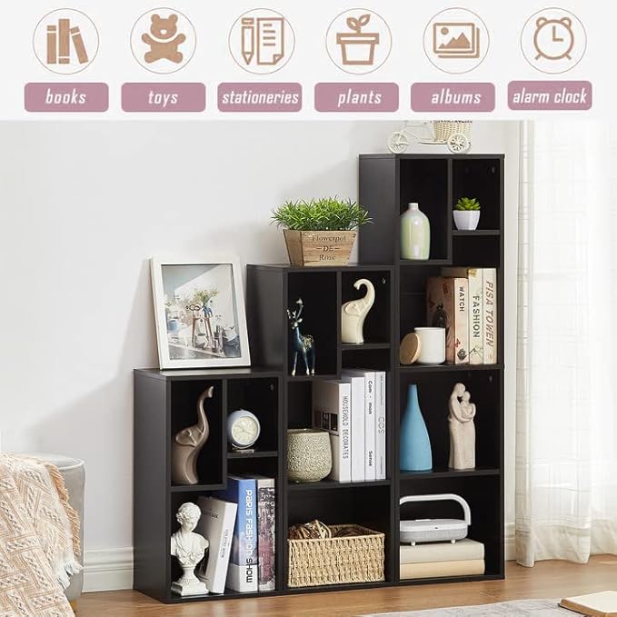 VECELO 3 Cube Small Bookcase, Fits Tallest Hardcovers, Horizontal Available, 2-Tier Modern Bookshelf, Storage Organizer for Small Spaces, Kids Room, Bedroom Living Room, Vintage Black