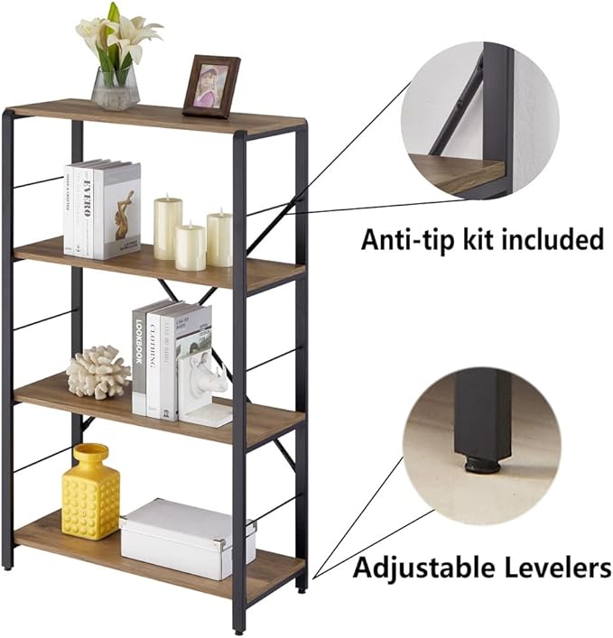 FOLUBAN 4 Tier Open Bookshelf, Vintage Free Standing Book Shelf, Rustic Wood and Metal Bookcase for Home Office, Oak