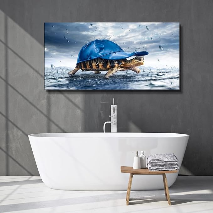 Haichuang Decor Art Funny Turtle Canvas Wall Art 40x20 Inches Framed Turtle with Blue Cap Wall Decor Wood Frame Waterproof HD Giclee Print Ready to Hang Humor Animal Artwork for Living Room Bedroom Bathroom