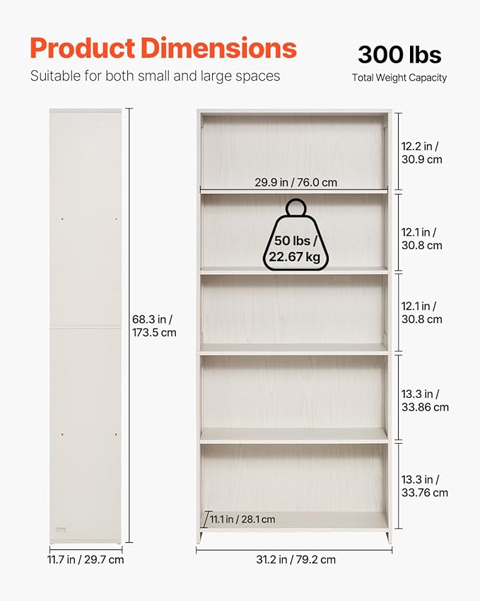 VEVOR 5 Tiers Wide Bookshelf, 68 in Wooden Open Bookcase with Display Storage Organizer Shelf, Freestanding Tall Display Floor Bookcase Bookshelf for Library, Bedroom, Living Room, Office, White