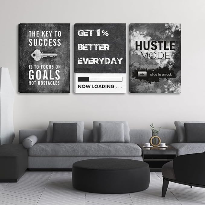 Motivational Office Wall Decor Modern Hustle Canvas Wall Art Inspirational Posters Entrepreneur Quote Canvas Art Paintings Framed 3 Panels Artwork Bedroom Living Room Home Decoration(48”Wx24”H)