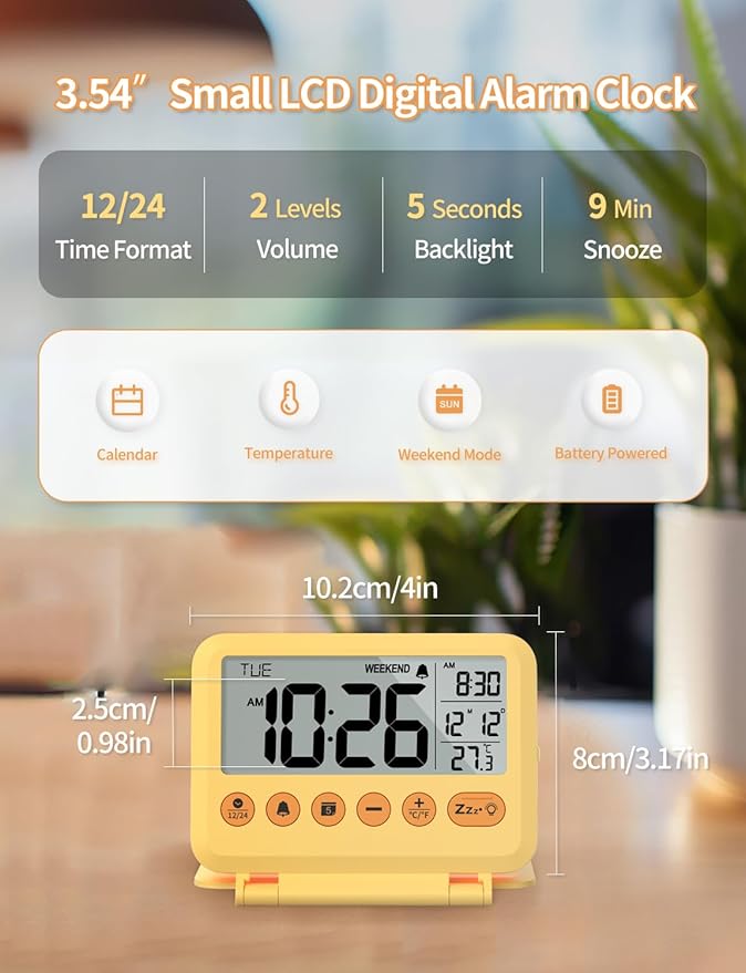Digital Travel Alarm Clock - 3.54 inch LCD Display, 9-Minute Snooze, 2 Volume Levels, Backlight, Battery Included (Yellow)