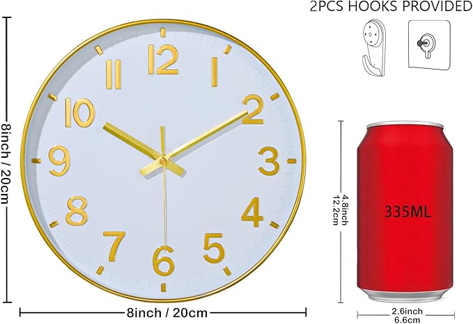 Gold Wall Clock, 8 Inch Wall Clocks Battery Operated, Round Modern Non Ticking Silent Digital Analog Small Wall Clock for Bedroom Living Room Kitchen Office Gym Classroom Outdoor Clocks