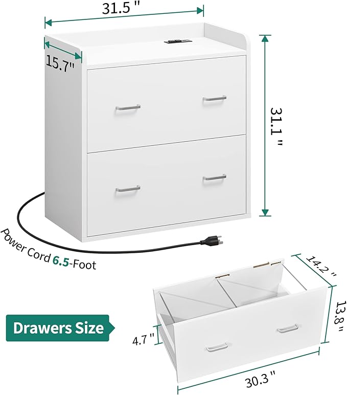YITAHOME 2 Drawer File Cabinet with Charging Station, Lateral Filing Cabinet with Storage, Large Printer Stand for Home Office Living Room, White