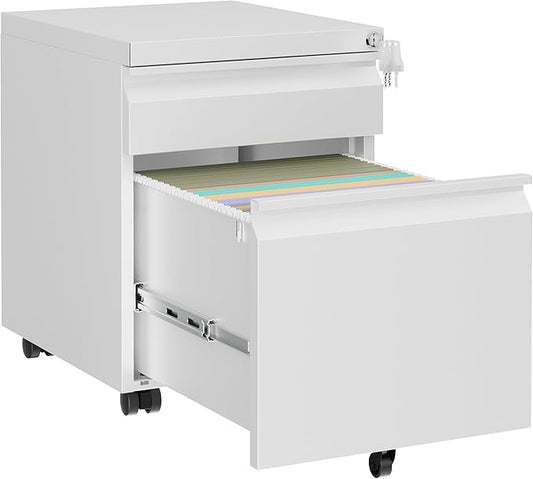 2 Drawers File Cabinet, Metal Filing Cabinet with Lock, Mobile File Cabinet, Fully Assembled Except Casters, for Home Office, for A4, Letter, Legal File Folders, White
