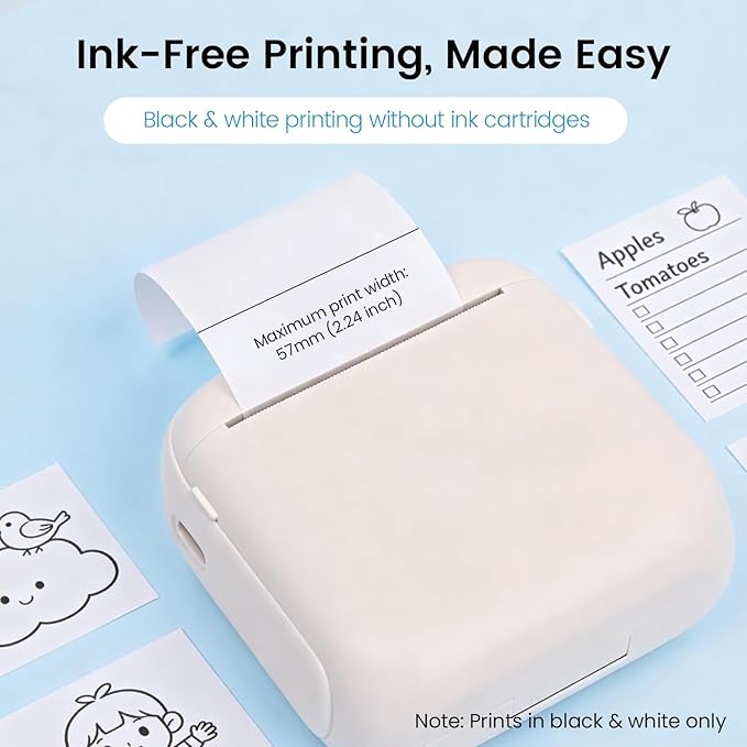 Mini Sticker Printer, Portable Bluetooth Inkless Thermal Label Maker with 3 Rolls Paper, Rechargeable Sticker Print Pod for Journaling, Notes, DIY Crafts, Home & Office