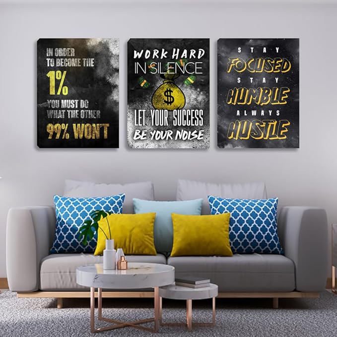 Inspirational Wall Art Motivational Wall Art 3 Pieces Canvas Wall Art Office Decor Hustle Quotes Poster Painting Print Artwork Framed for Bedroom Living Room Gym(72''Wx 36''H)