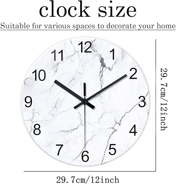 White Marble Glass Wall Clocks Battery Operated 12 Inch Abstract Decorative Analog Wall Clocks for Living Room Bedroom Office Silent Wall Clock Modern