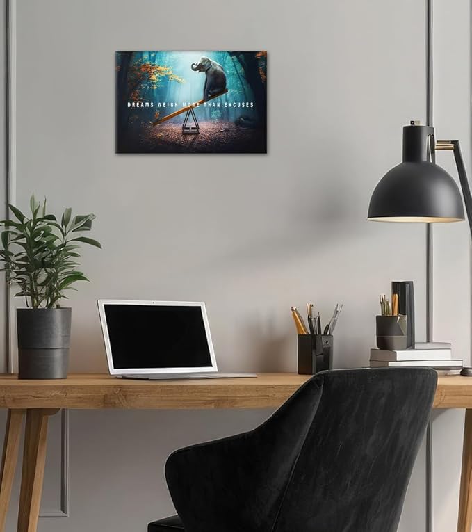 Wall Art Dreams Weigh More Than Excuses Painting on Canvas Inspirational Picture Motivational Quotes Poster Elephant and Butterfly Prints for Home Decor Living Room, Framed 12" H x 16" W