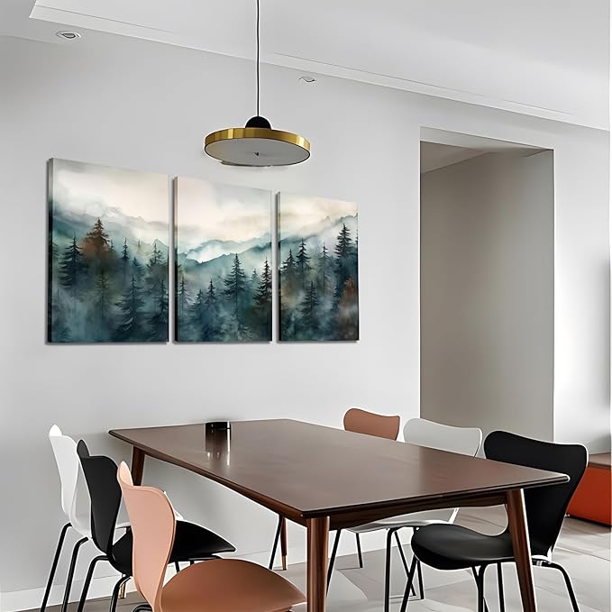AKWISH Framed Green Forest Canvas Wall Art Set of 3, Boho Misty Watercolor Pine Tree Wall Decor Art, Nature Scenery Foggy Mountain Posters Prints for Living Room, Bedroom, Office 16x24 In