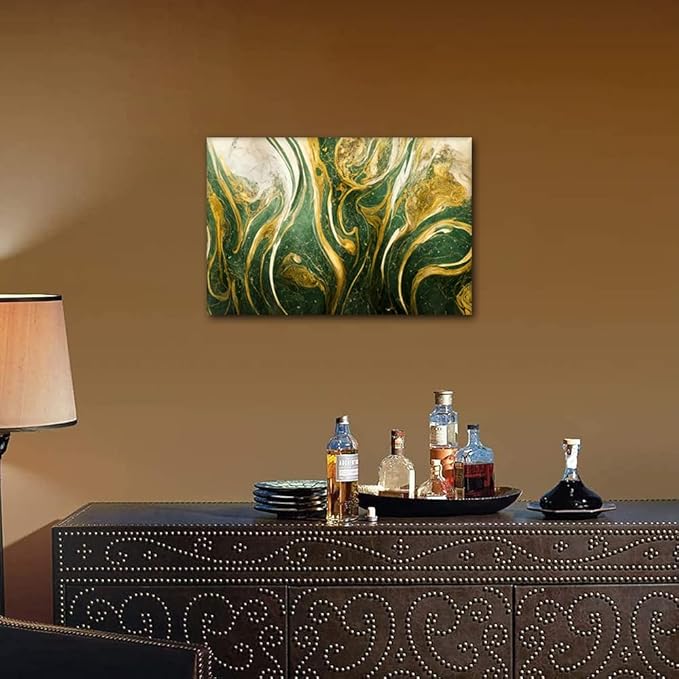 Canvas Wall Art for House 1 Panel Modern Abstract Canvas Artwork Gold and Green Blue Poster Printing for Designers Office Wall Decor Dilettante Living Room Canvas Decor Framed Ready to Hang 24x16 in
