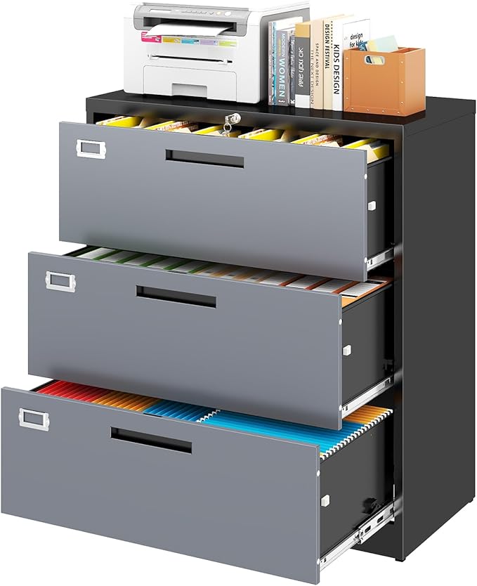 Metal 3 Drawer Lateral File Cabinet with Lock, Wide&Deep Filing Cabinet for Letter/Legal/F4/A4 Hanging Files, Includes Business Card Holder, Home Office School Storage
