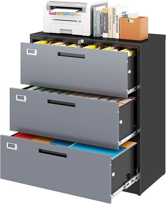 Metal 3 Drawer Lateral File Cabinet with Lock, Wide&Deep Filing Cabinet for Letter/Legal/F4/A4 Hanging Files, Includes Business Card Holder, Home Office School Storage