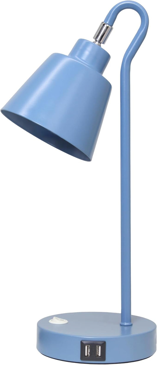 Simple Designs LD1073-BLU 16" Sleek Essentials Metal Looped Desk Task Lamp with Adjustable Shade and Dual USB Ports, for Office, Desk, Nightstand, Blue
