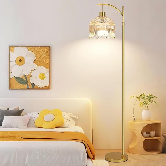 Floor Lamp for Living Room,Bedroom,Gold Dimmable Standing Lamp with Remote,Mid Century Modern Brass Tall Lamp Boho Floor Lamps Arc Stained Glass Tulip Flower Floor Light Lamp Girls Bohemian
